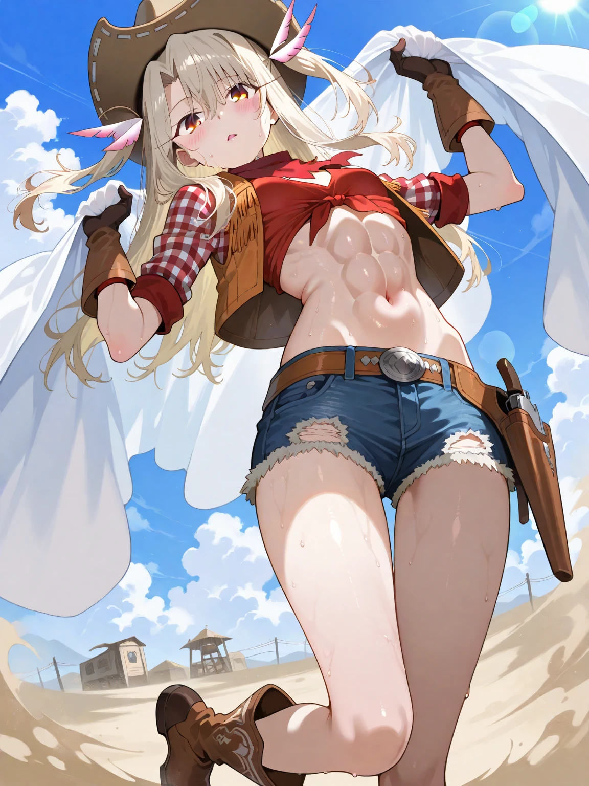 10th Generation,A beautiful woman,Beautiful breasts,Moe,Succubus,bat wings on the back,,Bat wings on the side of the head,Stars and Stripes front tie bikini top,Cowhide jacket,Denim shorts,Ten-gallon hat,Golden long hair,blue eyes
