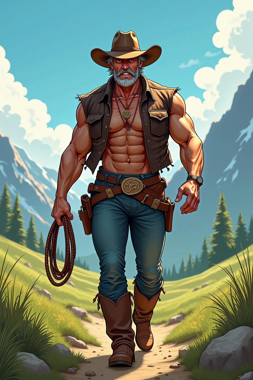 Cowboy anime version handsome hot old man shirtless with cowboy hat
