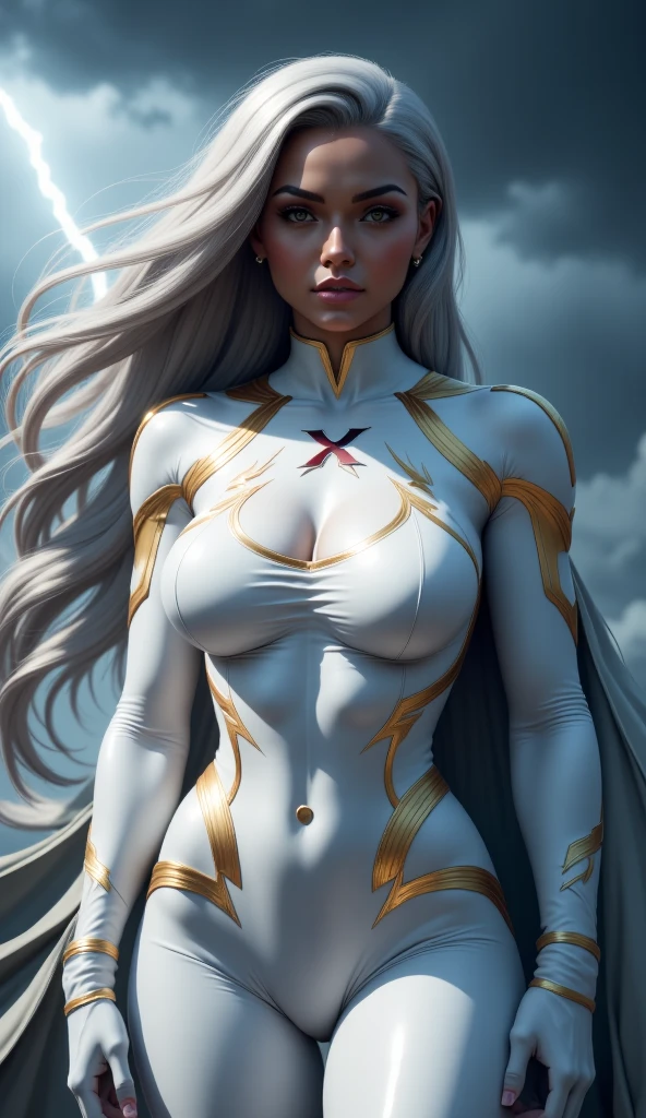 UHD, Artwork, accurate, Anatomically correct, super detail, high details, high quality, best quality, 8K, high resolution. The heroine Storm (Ororo Munroe) looks beautiful in a full-length photo. Brown eyes and long white hair match her dark skin and transform her into a goddess of beauty. Storm's outfit consists of: a white suit composed of a bright white material, which contrasts sharply with her dark skin and white hair. It still maintains a tight shape to the body, emphasizing its curves and agility. She looks very sexy, drawing attention to her big breasts and muscular body. In the background we see lots of lightning and thunder falling from the sky.