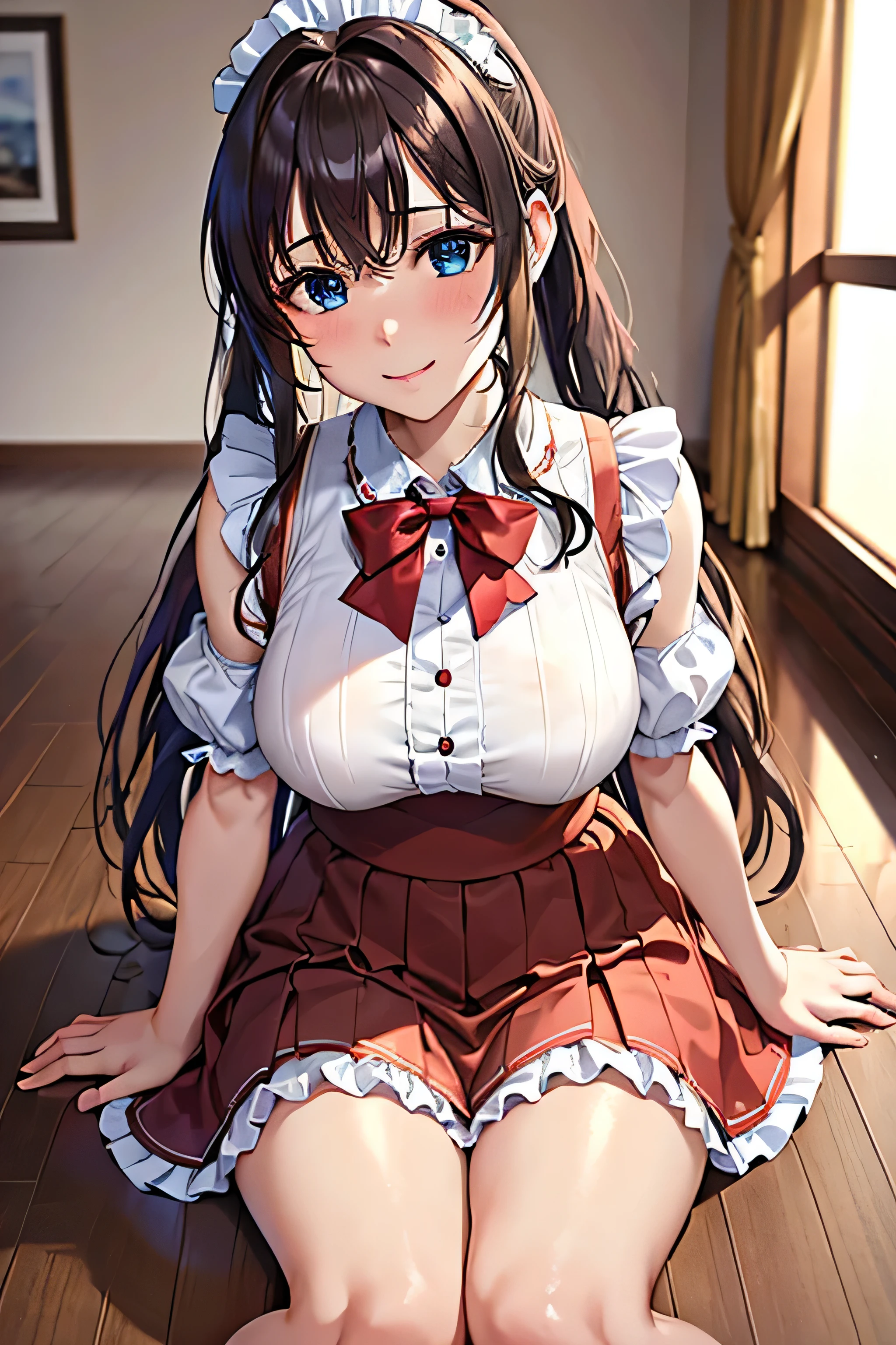 ((highest quality、High resolution、Highly detailed CG Unity 8K wallpaper))、detailed face、perfect body、unparalleled beauty、beautiful breasts、open your legs、Embarrassing erotic smile、((She lifts up her skirt and shows her no panties up close))、Love juice dripping from the vagina