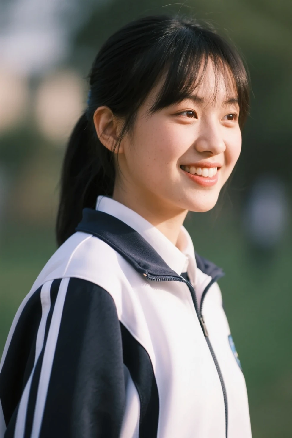 An ordinary Chinese female high school student，Middle-parted bangs，Ponytail，Wearing blue and white sports uniform，1，student，photo，Reality，Photos of life