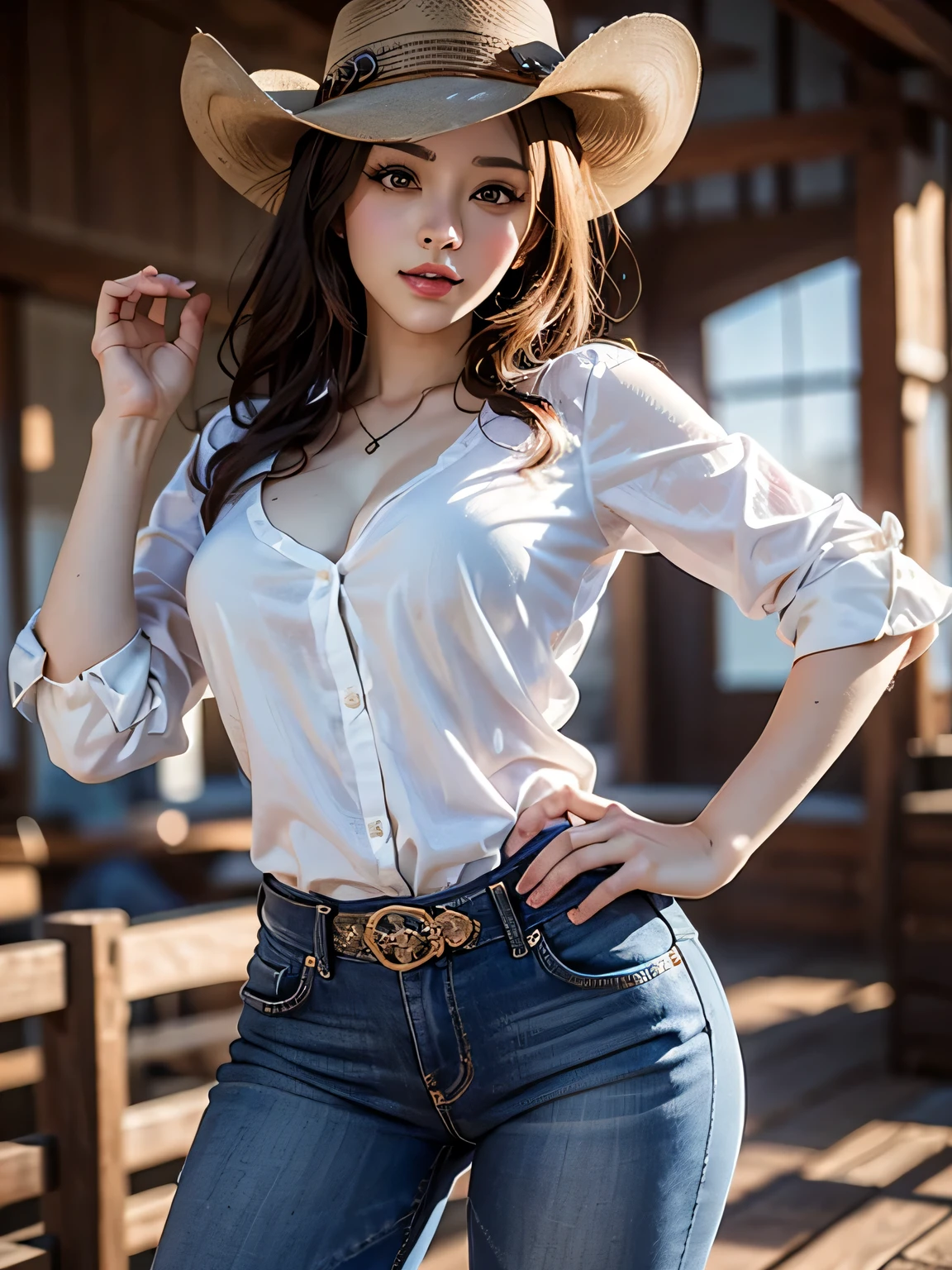European girl with big breasts, small waist, slender legs, wearing a cowboy outfit. Wearing short jeans