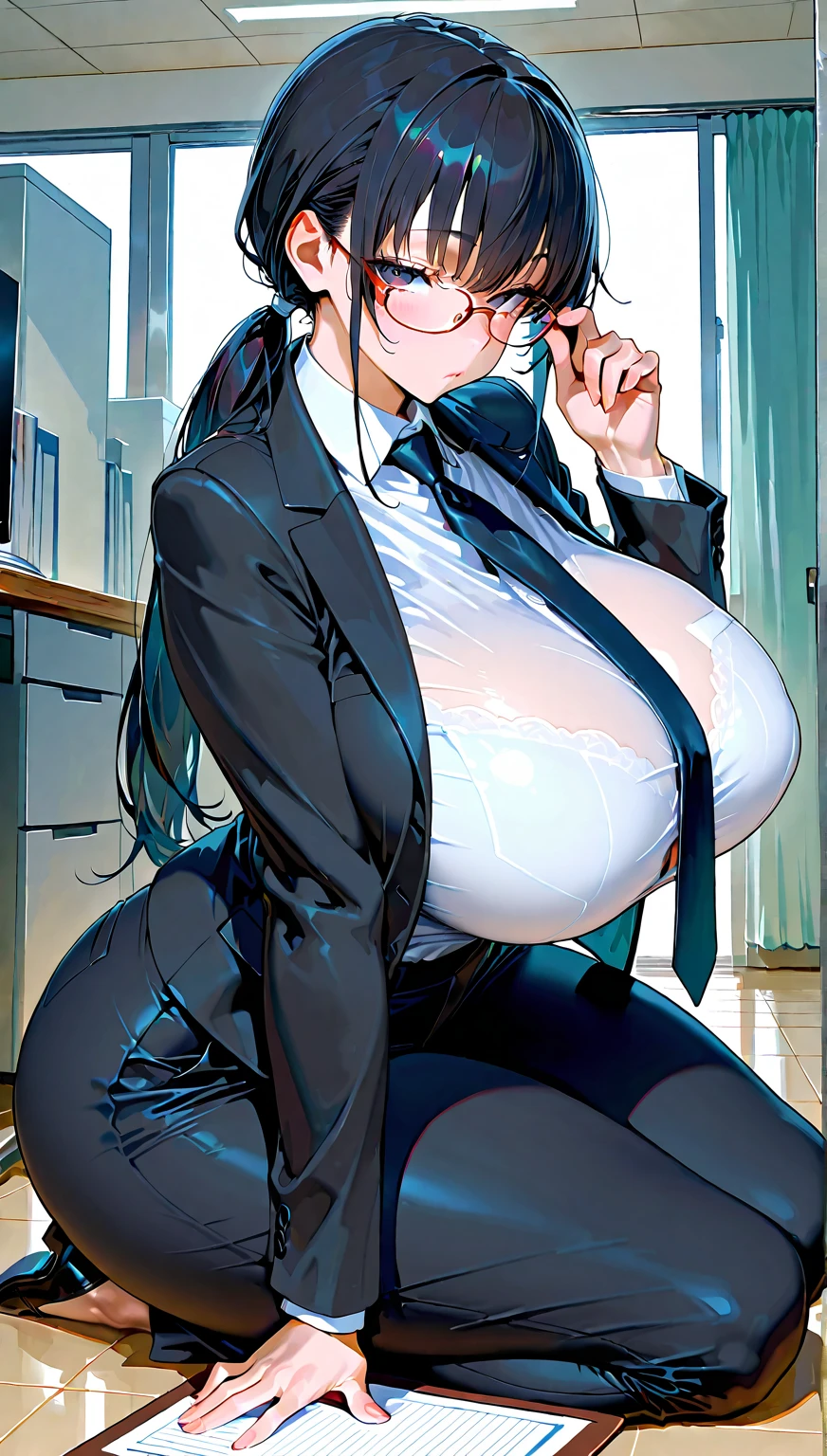2heads, a tall thin woman with 2 heads. She has enormous breasts. She is wearing business attire. She is in an executive office. Laying on back, laying on desk. Straddling viewer, having sex with viewer. She has enormous fat breasts. She looks nerdy. Large circular glasses. She is smiling wide. She looks drunk. She has messy hair. She has giant hard nipples. She has gigantic fat breasts. She is very tall and thin. She looks young. Blushing, aroused. Drunk, intoxicated.