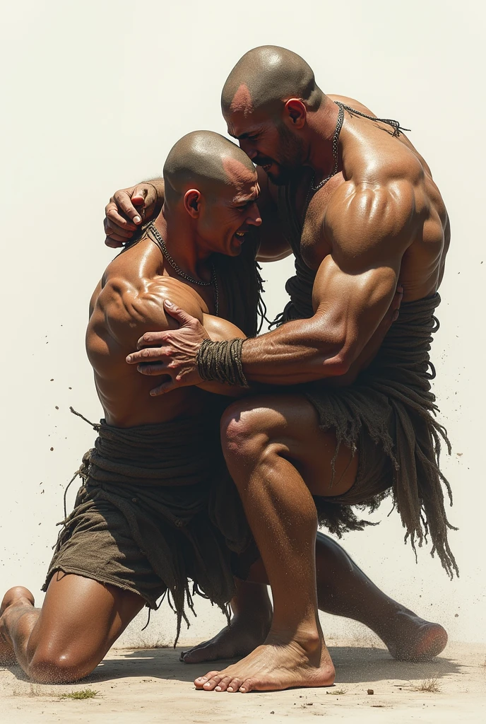 Muscular shirtless handsome orc with gray skin laughing, hands above head tied to a tree, disembodied pink hands tickling his armpits, armpits grab, tickling ribs, tickling armpits, tickling sides, forest background