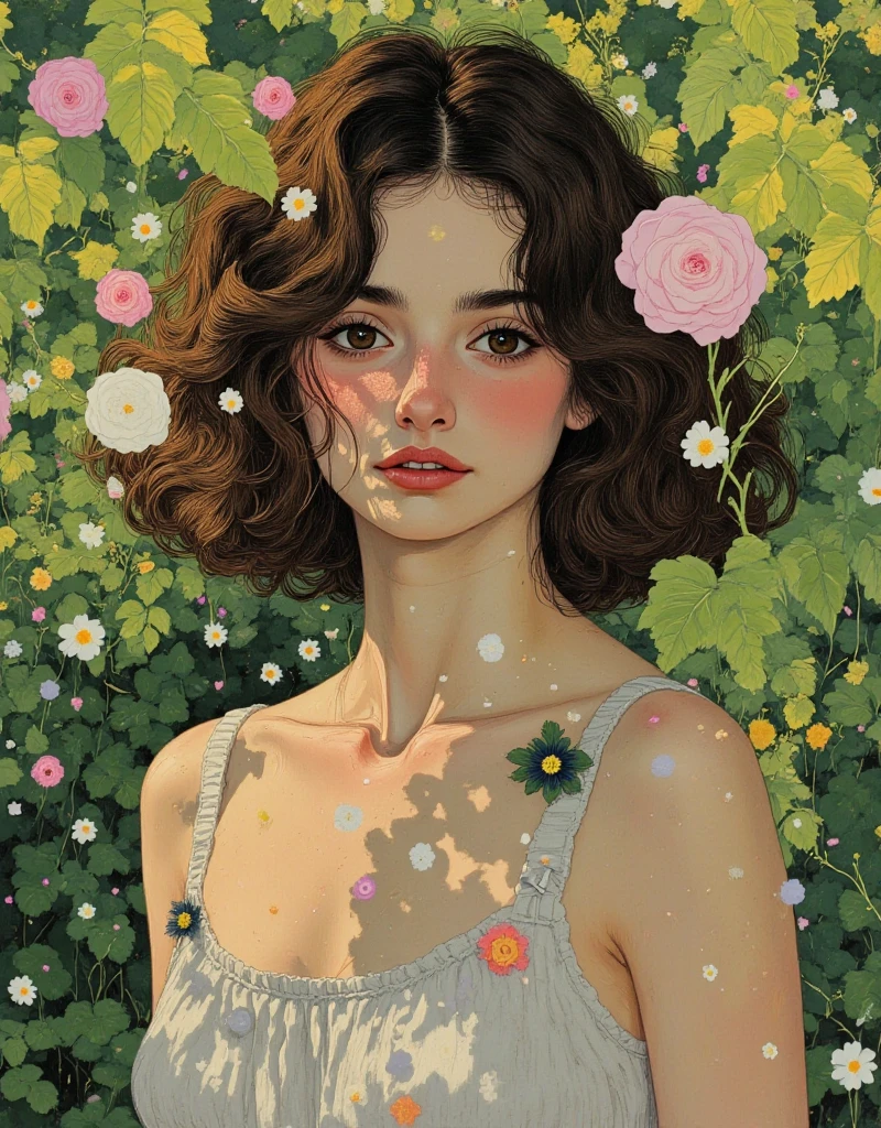 A painting,The painting shows a man wearing a white shirt and green leaves, Woman in flowers, Girl in the flowers, Inspired by Lois Dodd,