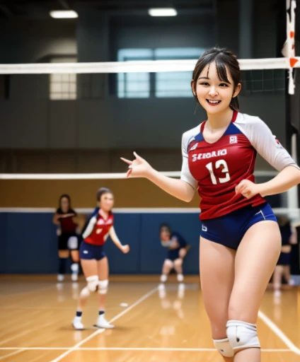 (top-quality、in 8K、32K、​masterpiece、nffsw、超A high resolution、Impresionismo、Photorealsitic:1.2)、Full body, Inside the gymnasium、Volleyball Court、beauitful face、blurry backround、16-year-old beautiful girl、shinny skin、bob cuts、Beautiful black hair、Red Eyes、(Hachimaki:1.2)、Volleyball Uniforms、Curve、dynamicposes、Smile with open mouth、Two girls