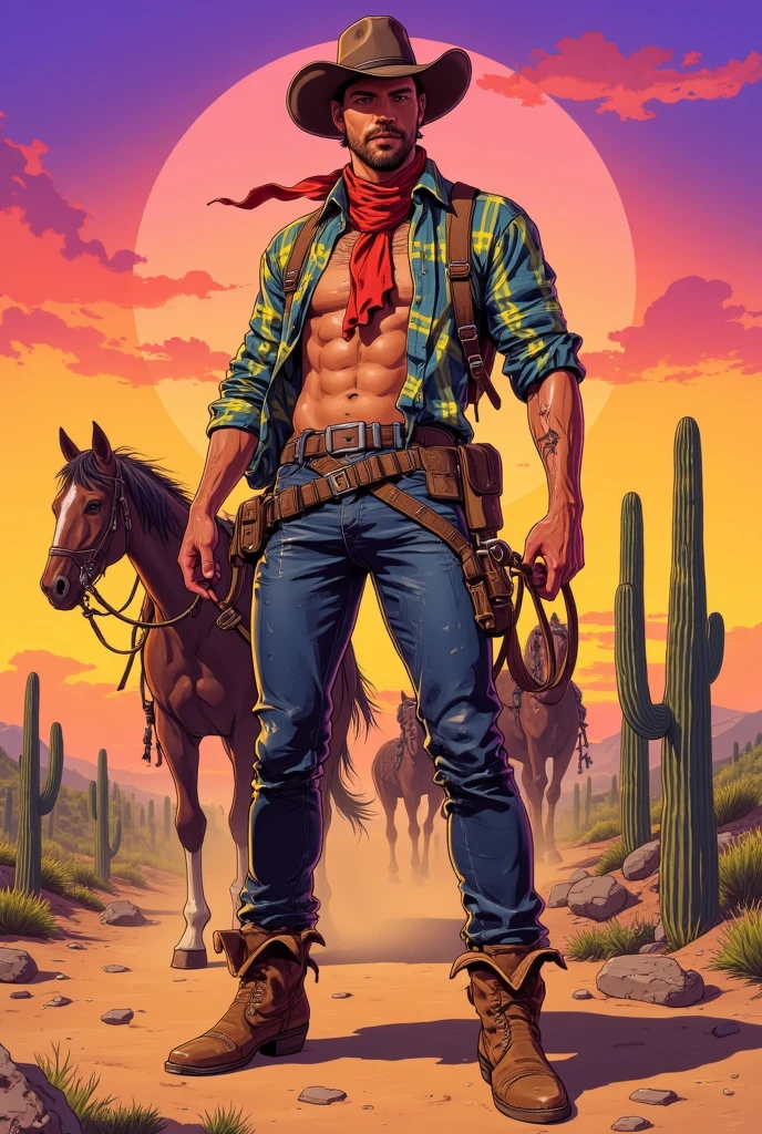 A vibrant and detailed illustration of a  cowboy from the old American Wild West, set in a desert setting at sunset. The cowboy is a young, charismatic, and attractive man with striking features, a thin beard, and piercing eyes. He wears a tilted cowboy hat, a partially unbuttoned plaid shirt revealing his defined , tight jeans, worn leather boots, and a belt with a large buckle. A red scarf is tied around his neck, fluttering in the wind. He stands in a confident pose, with one hand on a pistol holster and the other holding the reins of a sturdy horse in the background. The setting includes cacti, distant mountains, and an orange sky with purple hues. The atmosphere is warm, with realistic details, a semi-realistic illustration style, rich colors, and textures that highlight the leather, fabric, and desert dust.
