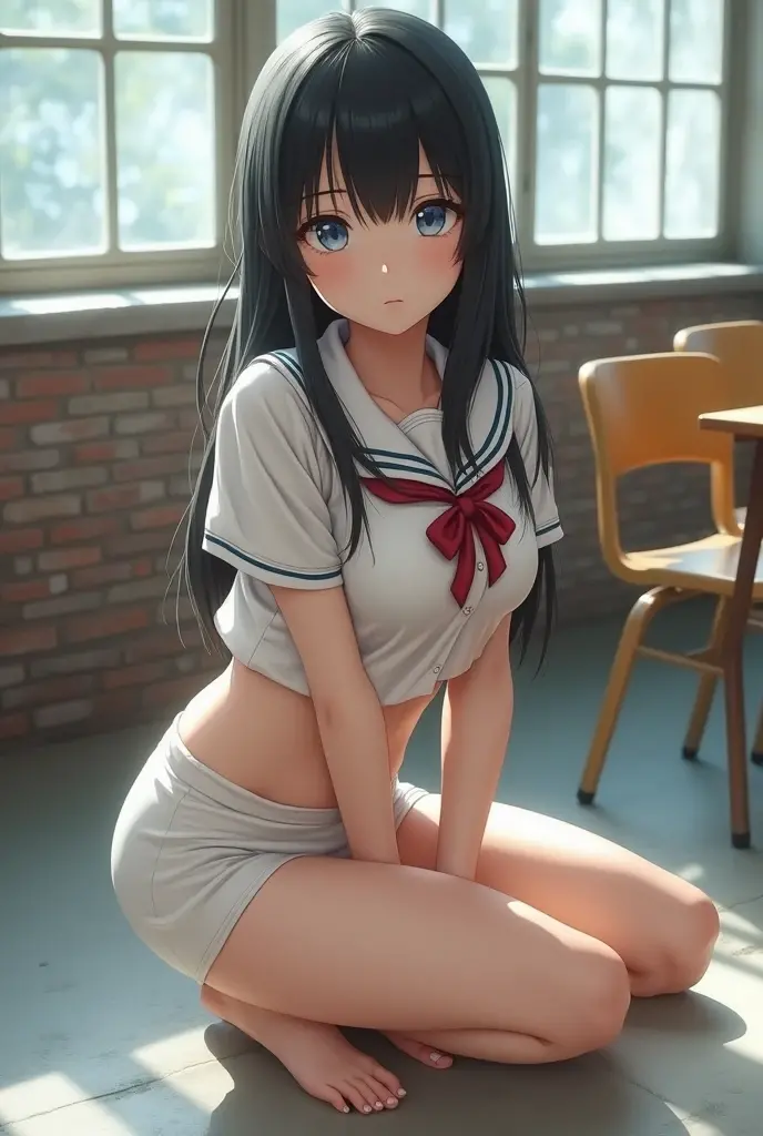 (masterpeace, best quality), Loli, 11 year old, FF7, Aerith Gainsborough, black hair, light purple eyes, petite, schoolgirl, school uniform, upskirt, lace panties, lying on desk, from behind, round bottom, , classroom, smile, fun, volumetric lighting, sunlight, bright
