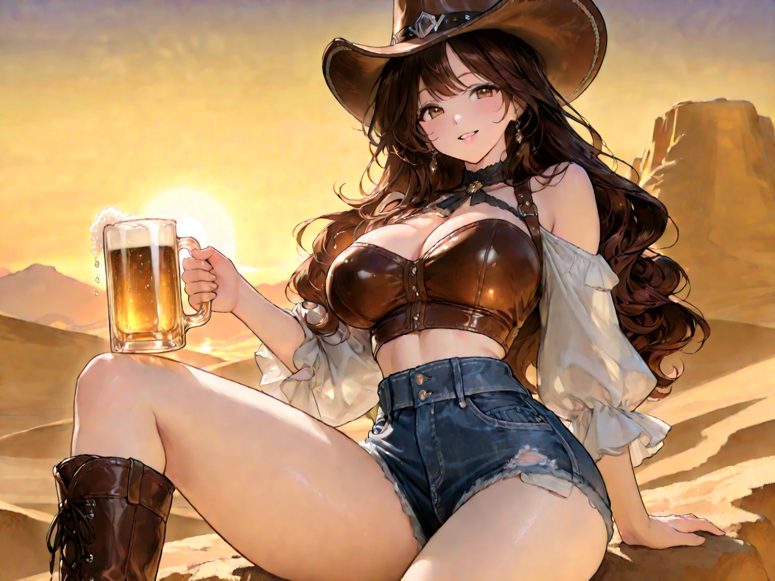 (((NSFW:1.8))),((Nude:1.8)))(((1 person:2.0))),(((naked:1.8))),(((Slim body:1.8))),(((Brown gun belt with holster:1.8))),((Brown cowboy hat:1.8)),((Wear a metal watch on your wrist:1.8))),(((Showing cleavage))),(((Exposed thin inner thighs))),(((Small breasts:1.5))),(((nakedの腕))),(((Her hair is brown))),((Blushed:1.2)), Beautiful detailed girl, Very detailed目と顔, 緻密でBeautiful Eyes, Very detailed, High resolution, Highest quality, masterpiece, Very detailed, 8k wallpaper, wonderful, finely, Highest quality,(Standing in front of a wooden wall),Beautiful Eyes,((Engage your audience:1.2)),(((Full Body Shot:1.8))),((Are standing:1.2)),((Put your right hand on your chest:1.2)),((Whiskey in left hand:1.4)),(((Drunk:1.8))),(((drinking,Strong hiccups:1.8)))