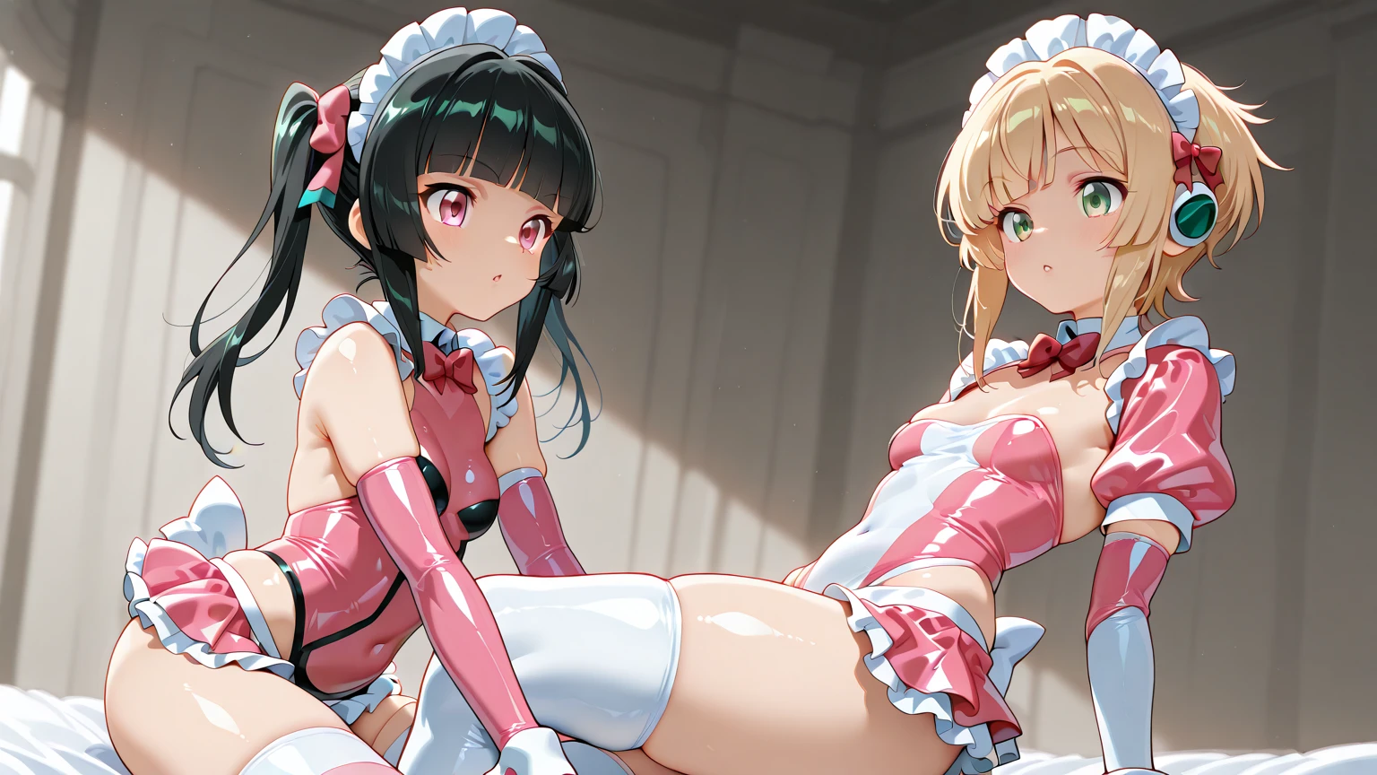 nsfw,Two Girls,Nipples,ffm, lying down,Lift both legs,Sex,panties,penis,Light blue hair,Light pink hairstyles,Cat ear,Pink Eyes,light blue lolita,White socks,,Pink ribbon,Laughing with your mouth open,Best image quality,Highest quality