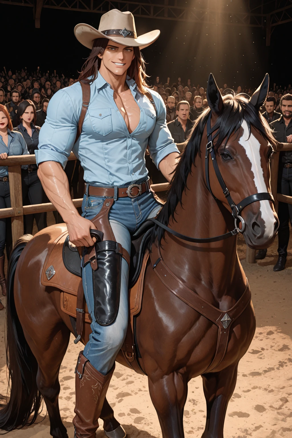 Trump, shirtless, on a horse,