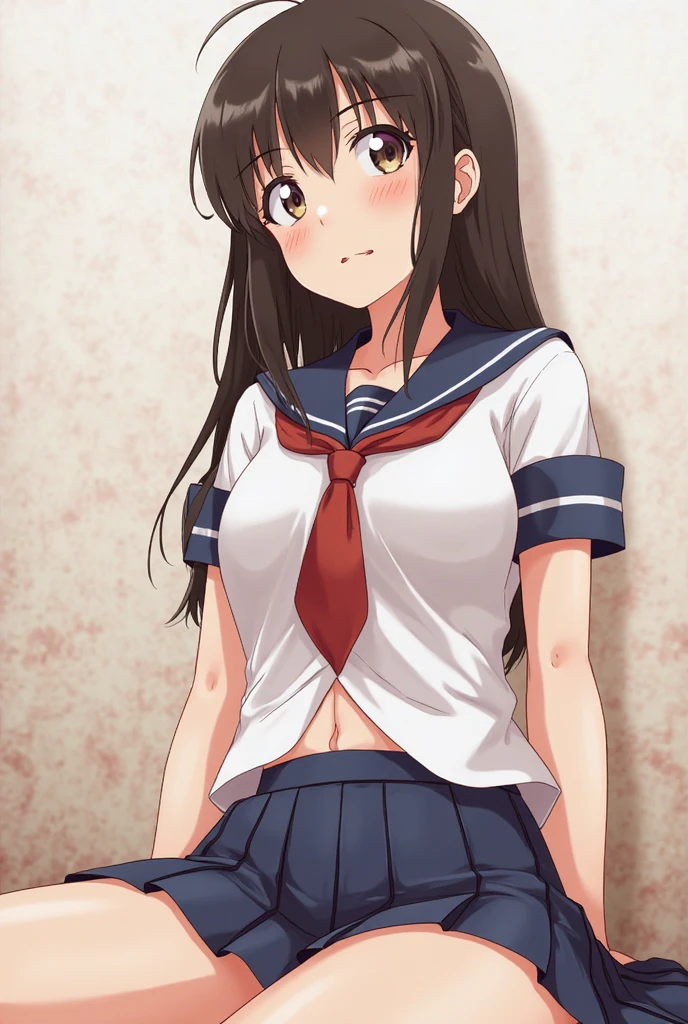 saten_ruiko, 1girl,18yo,black long hair,(hair ornament, flower ornament,red neckerchief),good anatomy, masterpiece, best quality,realistic, hyperrealistic, 16k hdr, sailor school uniform, skirt,earrings,red neck ribbon, outdoors, sunny, detailed blue sky,strong wind,from below,(red blush,embarrassment),navel,erected nipples,(teaselift,shirt lift herself:1.2),upper body