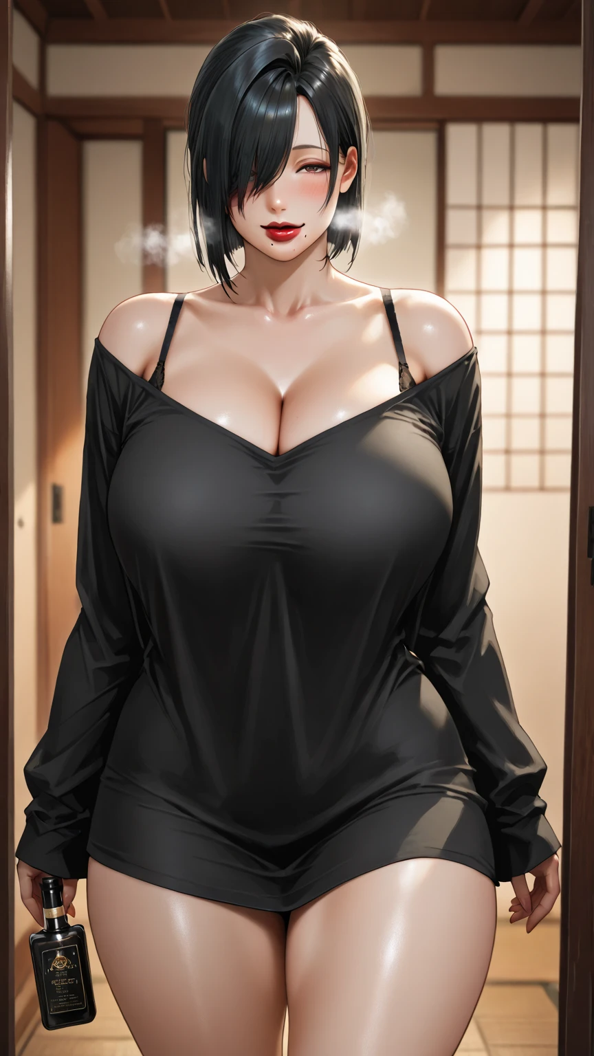a beautiful mature woman, black lace top, exposed lower body, kneeling on desk, legs spread, curvy figure, F-cup breasts, detailed skin, 4K, photorealistic, hyper-detailed