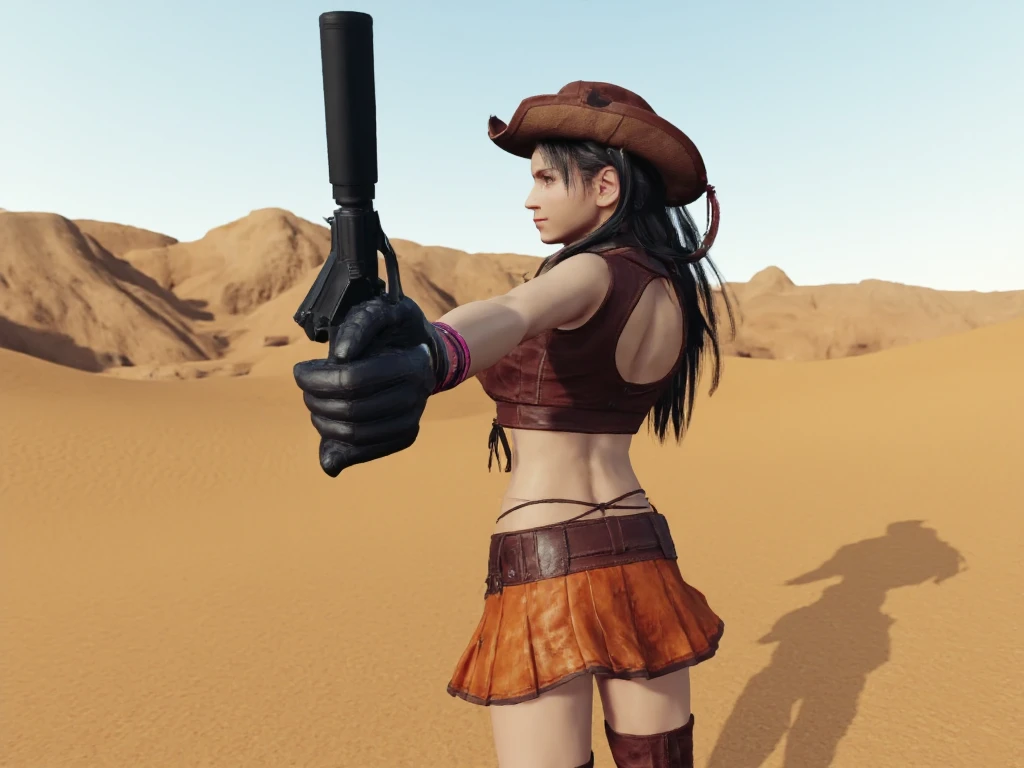 gun,tifa7re, cowboy hat, cowboy boots, black gloves, brown leather skirt,  midriff, belt, vest, cowboy western, navel, orange skirt, fringe trim,  bracelet, sleeveless, cinematic film, tifa, a girl using cowboy costume pointing a gun to the viewers in desert