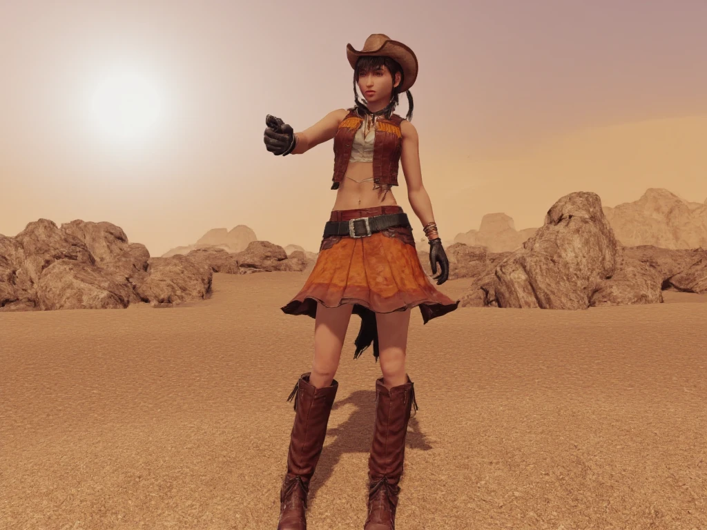 gun,tifa7re, cowboy hat, cowboy boots, black gloves, brown leather skirt,  midriff, belt, vest, cowboy western, navel, orange skirt, fringe trim,  bracelet, sleeveless, cinematic film, tifa, a girl using cowboy costume pointing a gun to the viewers in desert