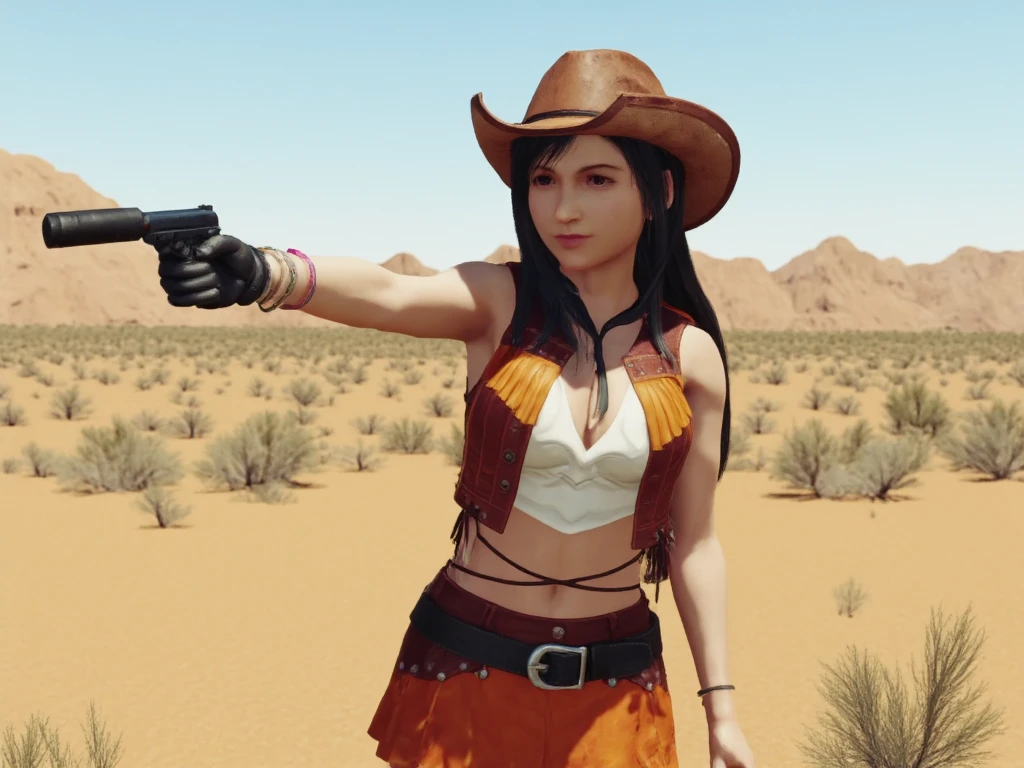 gun,tifa7re, cowboy hat, cowboy boots, black gloves, brown leather skirt,  midriff, belt, vest, cowboy western, navel, orange skirt, fringe trim,  bracelet, sleeveless, cinematic film, tifa, a girl using cowboy costume pointing a gun to the viewers in desert