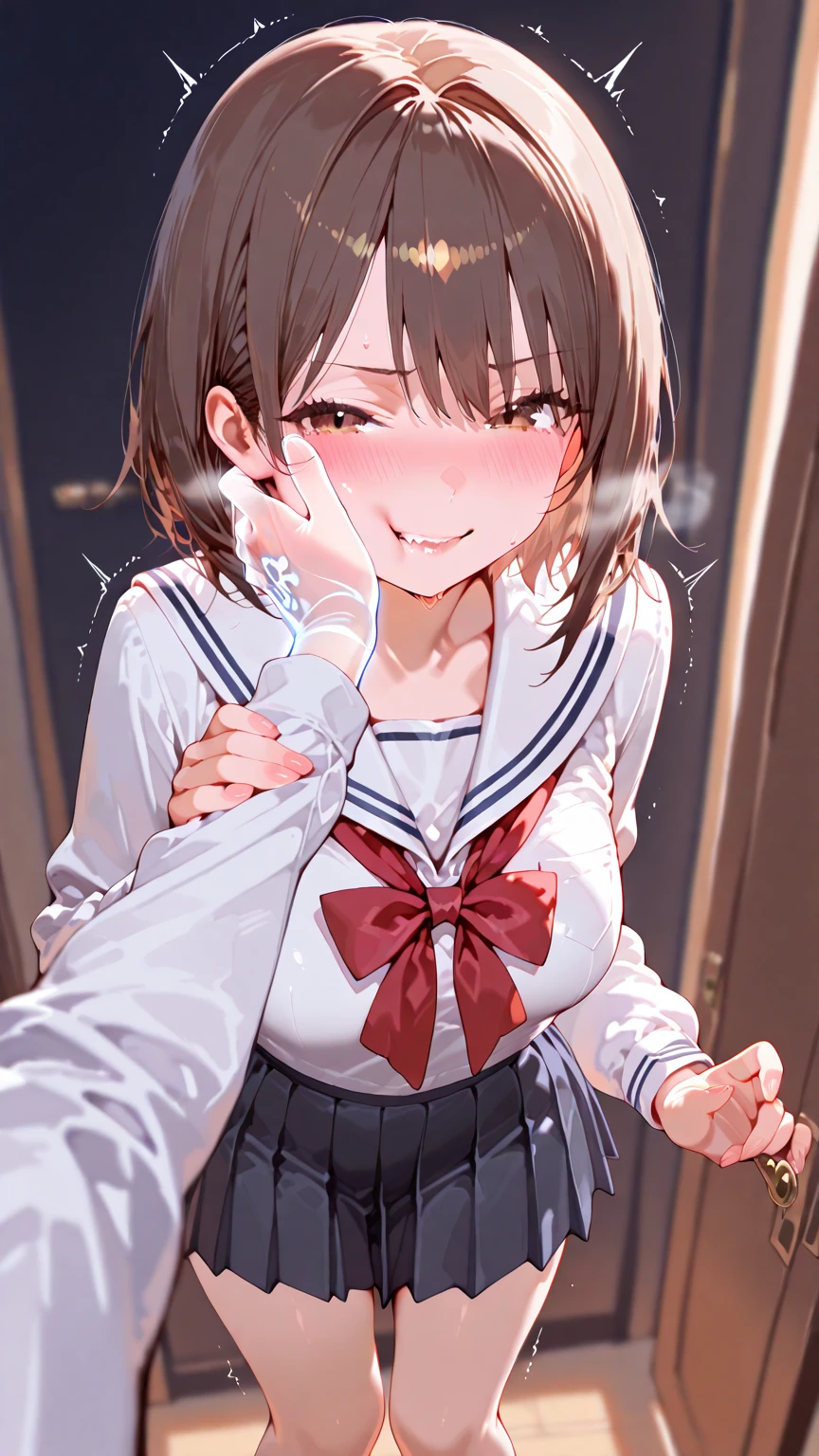 Kitasan Black, (composition with cock in front of you), (composition from below: 1.2), ahoge, hair ornament, animal ears, horse tail, (black hair), (crawling on all fours), (face close to the ground), (mid waist), (sailor suit), (long sleeves), (dark blue clothes), (sailor skirt, long skirt), (dark blue sailor collar), (blush), shirt tucked up, (futanari), (erect penis), (curved penis), (crotch showing), (blushing), (ejaculation), (ejaculation on clothes: 1.2), nsfw, orgasm, (thick sperm), erect nipples, (masturbation),
