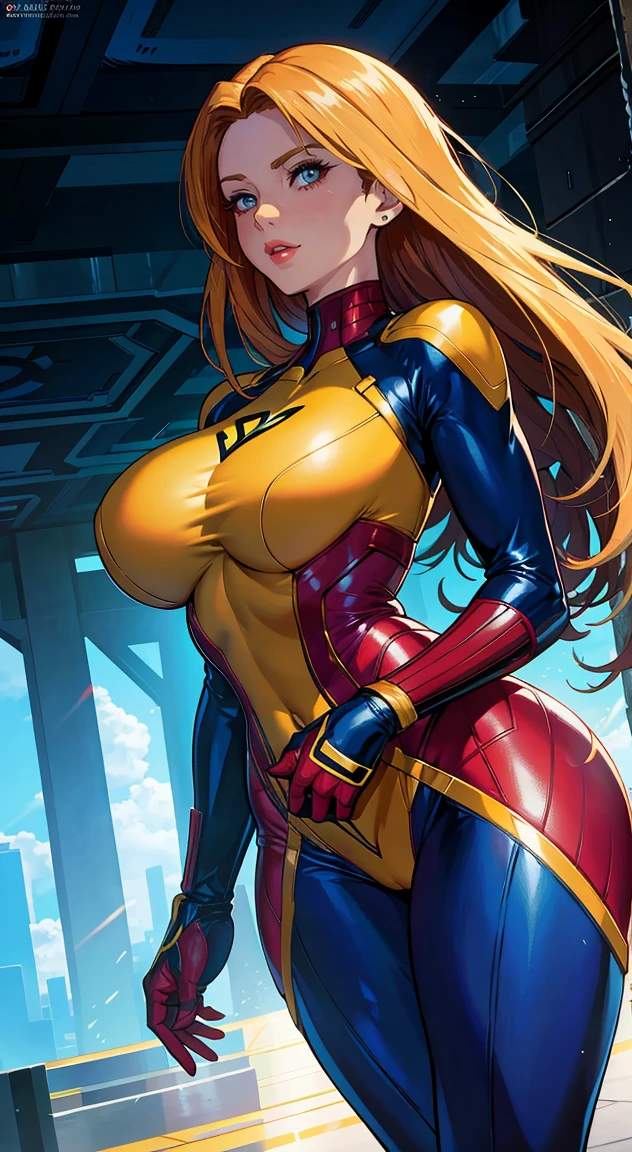 his uniform is made of yellow latex leather with bright blue and skin-tight + has a bright red symbol in the shape of the letter "X" on his waist + wears blue armbands + black headband + white skin + red lips + blue eyes + has hair redhead + she has wide hips + her hair is cut long + she has a big ass + she weighs 130 lbs + its height is 5′6″ feet"