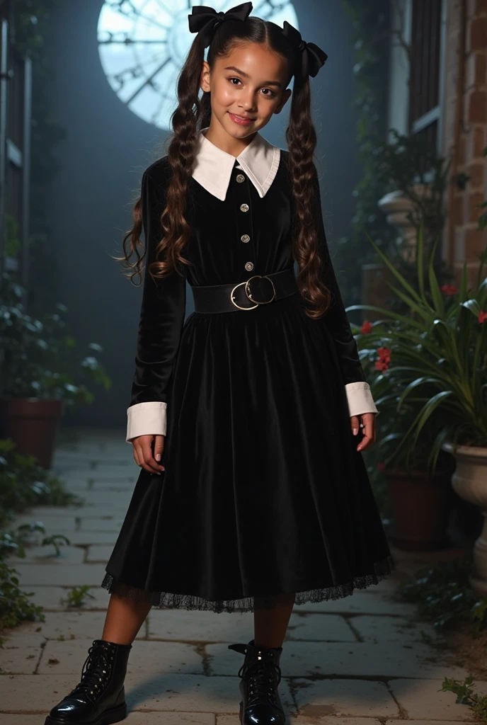 young 9-year-old daughter of severus snape, black hair and green eyes, (Disney character style)、Gruesome and spooky details、An atmosphere full of suspense and tension、Psychological horror、Cute Smile、Mysterious and unsettling atmosphere、A terrifying moment、Nightmare scenario、The twisted madness of a murderer、Smiling clown、bright red nose、open outfit、Striped shirt、Big shoes、Enthusiastic atmosphere、Mischievous Smile、Expressive gestures、Comical movement、Festive mood、Exciting performance 、((Chainsaw))