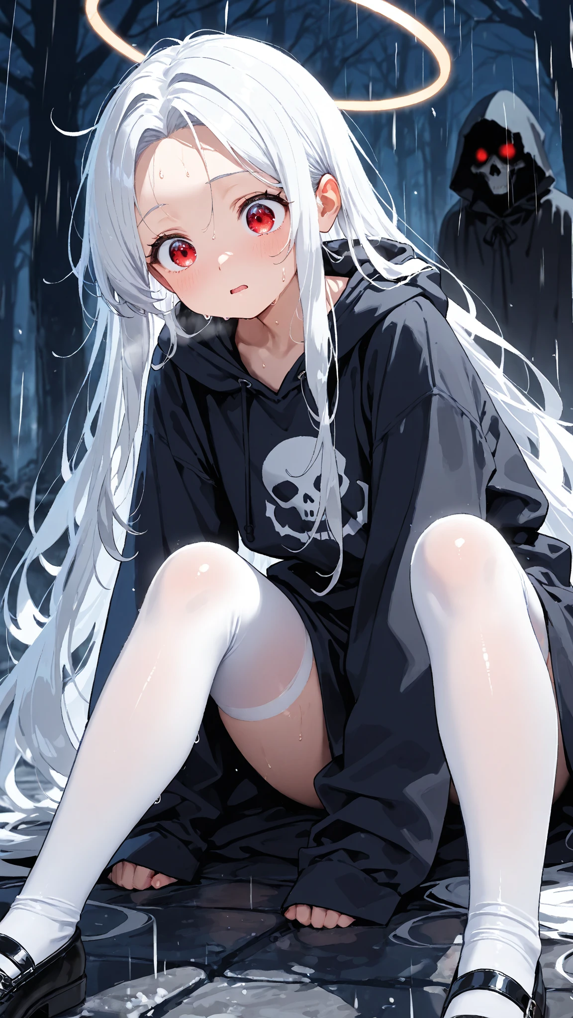1 women, long white hair, red eyes, sitting on the side of the road There's a trash can on the side, raining, dark moody, white shirt, spread black shorts.