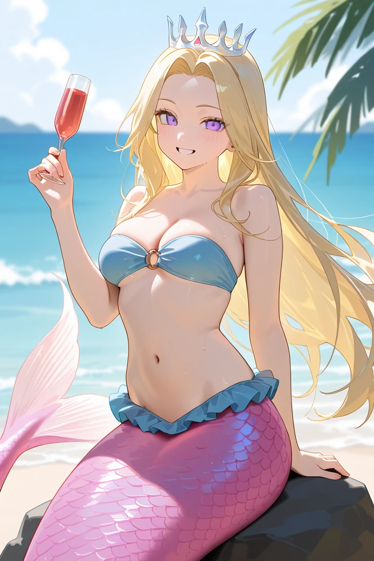 Masterpiece, top quality, highly detailed, extremely detailed, ultra-realistic, delicate anime style illustration, midsummer in Hawaii, strong sunlight, drink stand on Waikiki Beach, seat in the shade, vivacious young mermaid with blonde bob giving an aloha sign, blue eyes, smiling.