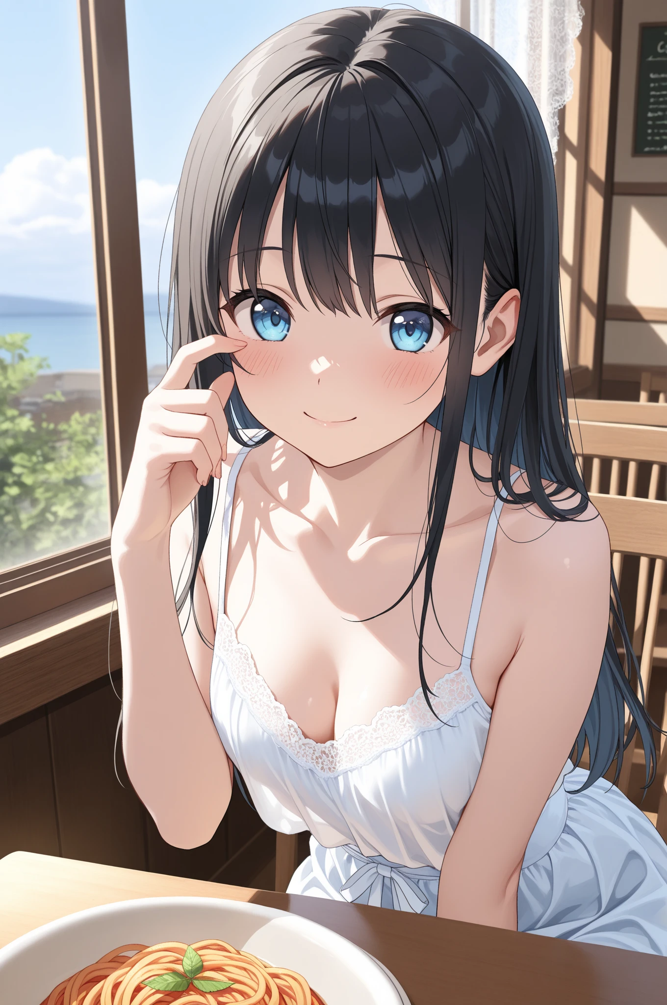 ((Top Quality)), ((Excellent)), (Details),,((Japanese)),10 years old, Black Hair,(Childish face),((Straight Hair)), shiny hair, 1 Girl ,((Moderate breasts)), ((Blue Eyes)),masterpiece, (half-smile), ultra realistic ,((Emphasize the cleavage)), Shoulder straps slip off, ((upper body)), ((extreme_close_up)), ((See-through White chemise)) ,((Emphasize the cleavage)),((topless)) ,((naked)), , best quality, Natural Light, Straight Hair,((blunt bangs)), stunning environment ,vibrant colors ,((extreme_close_up)) ,overhead shot, ((extreme_close_up)) ,((Emphasize the cleavage)), solo, Straight Hair, hair ribbon, outdoors, (Grassland), lake, Flowers, white bow , upper body, blunt bangs ,((White chemise)), ((See-through)),
