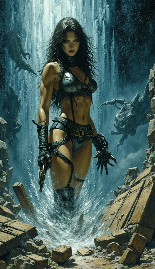 a beautiful woman in dystopian loin cloth and bra holding an extremely long machinegun in a desert cave waterfall, back lit, morning sun, sexy, sensual, dangerous, 8k resolution, photo realism,