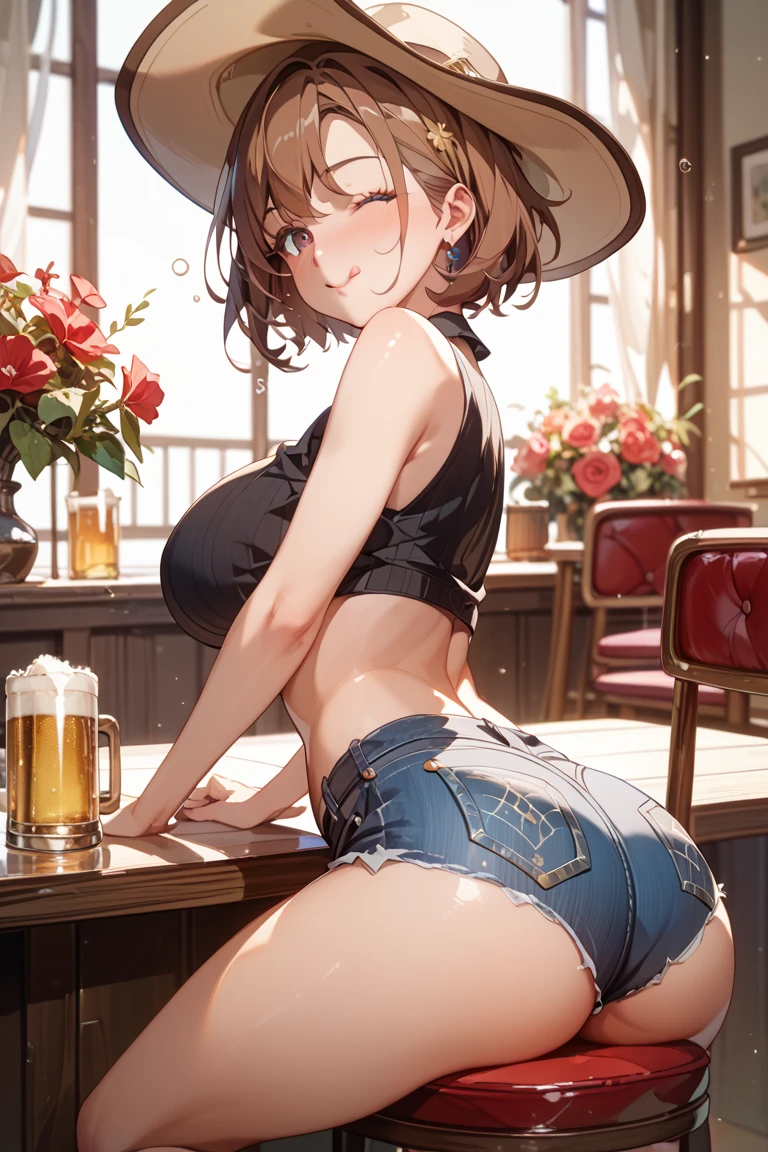 (((masterpiece, Highest quality, High resolution, 超High resolution, Perfect Pixel, Depth of written boundary, 4K, RTTX 10.0))), Beautiful Anime Women, Beautiful art style, Anime characters, ((Smooth texture, Realistic texture, Anime CG Style)), Exact finger count、Exact number of legs、(Exact number of arms:1.0, Exact number of hands:1.0), (Perfect hands, Perfect Anatomy), Cinematic, Realistic, Extremely detailed CG, Daytime lighting, Perfect lighting, Best Shadow, The best natural light, whole body, Perfect body, バランのとれたPerfect body, Perfectly balanced style, (Slender body:1.2), ((bangs, Reddish brown hair, Stylish hairstyle, Bobcut)), ((Back view of a pretty woman standing with her butt sticking out while carrying a drink:1.6)), ((Bow tie around neck:1.3), (Sexy and cute magenta underwear:1.3), (Stylish shiny magenta satin panties, Side-tie panties, Magenta panties with lace trim around the edges, Full-back magenta panties covering the buttocks:1.3), (Magenta Micro Lace Satin Bra, Thin bra:1.3), (garter belt, Knee socks:1.3):1.3), (Stylish beer hall, amusement park, Carry drinks, A busy store, Chair, table, Outdoor:1.3), naked, In underwear, Waitress in underwear, (Maid Headband:1.1)), Angle from the rear