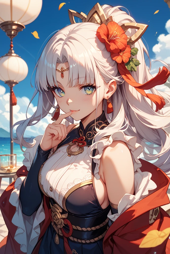 Mazu Q-version Image Design: A serene goddess figure, standingly posed with one hand outstretched towards the calm sea, intricately dressed in traditional attire, adorned with delicate patterns and red blush on perfectly shinny skin. Her long, lustrous silver hair flows gently in the tranquil breeze, with beautiful eyes looking thoughtfully into the distance. The image capture is made with Smooth Anime CG Art, using the latest realistic anime 3D style, Unparalleled beauty shining through, brought to life in magnificent detail by an anime painter studio masterpiece. The vibrant colors and hyper-realistic scene illuminate the Q version of this iconic Mazu image