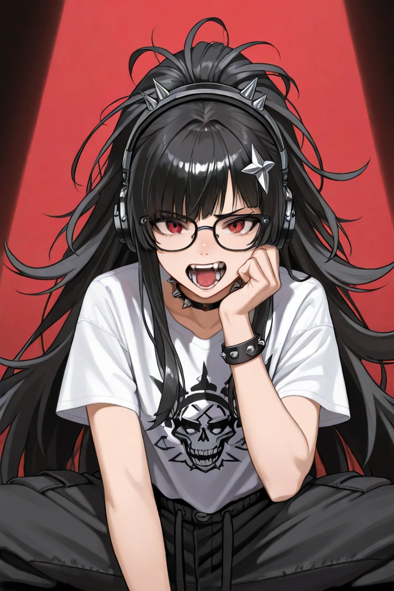 15 year old Japanese girl,Black hair and black eyes,in a kimono、(((yellow glasses:1.3))), (headphone:1.2), shiny hair, black short hair, blunt bangs, Having a book, blood all around, cute face girl, Smile, Bleeding eyes, Bleeding from the nose and mouth, Evil smile