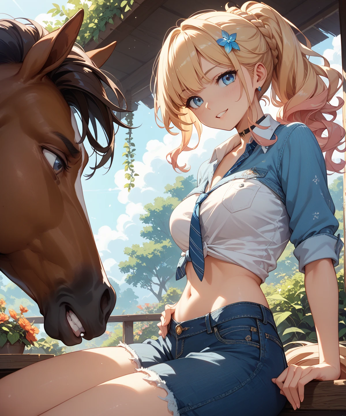 1 girl, stripes, body of , very detailed eyes,  14 years old, Blonde hairstyles, short hairstyle, rift, sensual mouth, Big breasts, The donkey faces the viewer., Return to the screen., smile, Sexy Shorts, Micro shorts 1.6, Ultra HD |, 4K images, glasses, Characters near the camera, hair details, Chewing gum production