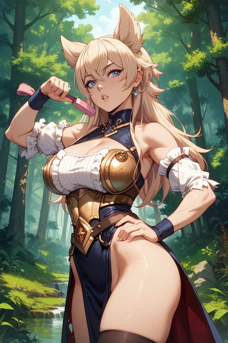 masterpiece, best quality, highres, aaleone, long hair, animal ears, large breasts, cleavage, white scarf, bare shoulders, bandeau, detached sleeves, midriff, belt, black panties, pants, knee boots, animal hands, claws, <lora:leone_v1:0.7>, grass, field, wariza, :o