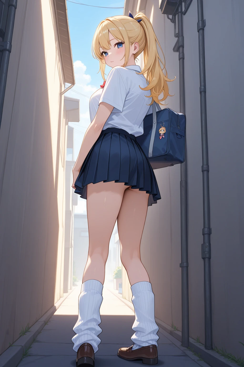 (1) Peeking at the panties from under the back of a girl climbing the stairs.
(2) her skirt is too short、You can almost see her light blue lace panties。.
(3) She is wearing a uniform of a blazer, miniskirt, and loose socks..
(4) she has long blonde hair.
(5) Her expression is turned back and smiling.
(6) I'm a gal, so I wear makeup like a gal..
(7) The location is the stairs of the station.