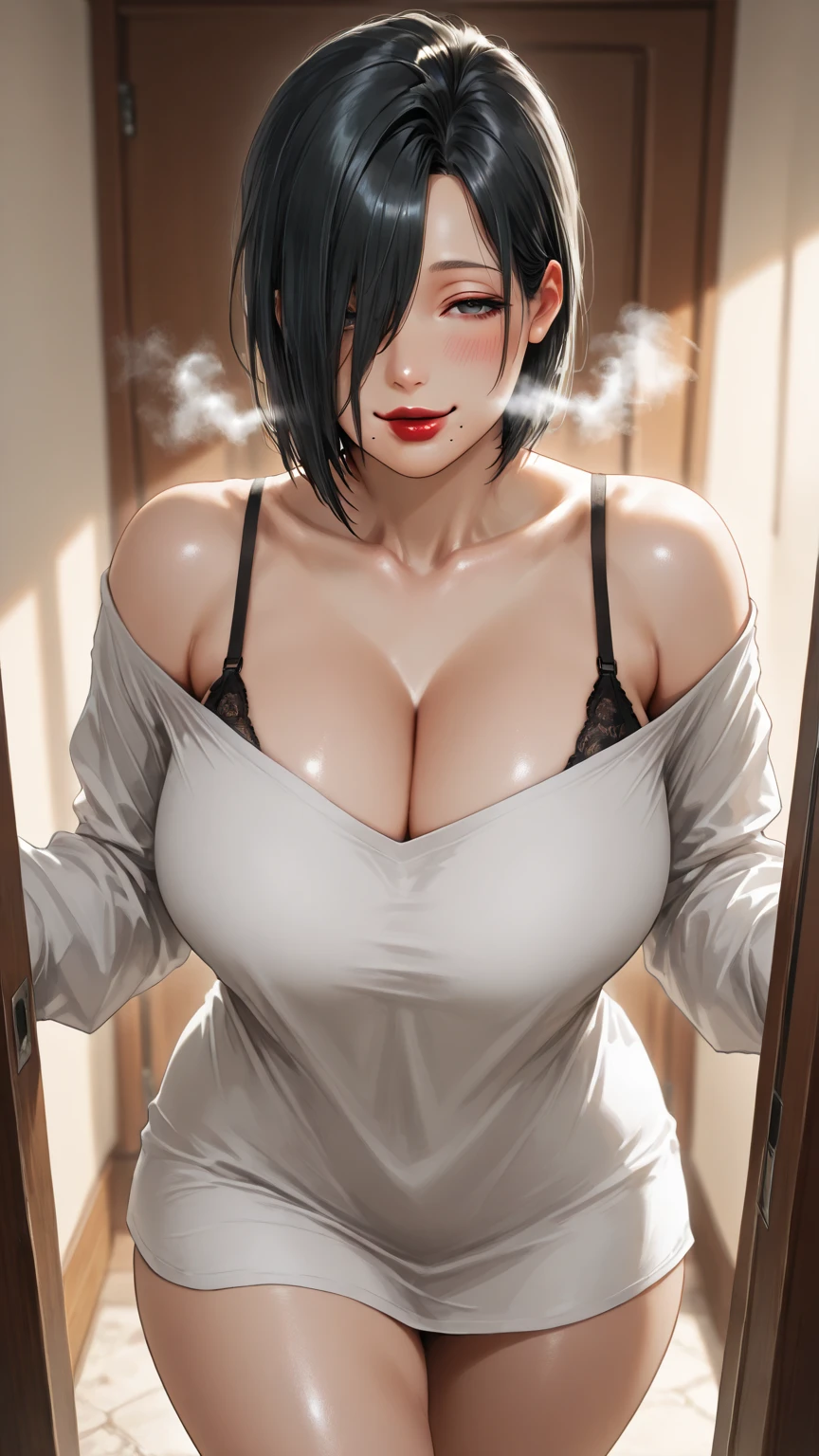 mikasa of the anime Shingeki no Kyojin, short hair, black fur, Horse tail, beautiful, beautiful woman, perfect body, perfect breasts, wearing black pajamas, pajamas, sleepwear, in the kitchen, light kitchen, looking at the viewer with a slight smile, realism, Masterpiece , Textured leather, super detailed, high detail, high quality, Best Quality, 1080P, 16k, panting, (excited), screaming with pleasure, mientras shows her vagina abierta, huge breasts, big breasts, cow breasts, big thighs, putting a cucumber in her vagina, he is sweating a lot, pain face, (white liquid all over the body), (white liquid in the vagina), shows her vagina, squirt, squirt, (urinating), (orinando), (((is being penetrated))) (((orgasm))) (((Vaginal penetration))) (((upskirt))) (((squirt))) (((sex))) (((pornographic))) (((sex))), penetration, intercourse (((penetration))) (((vaginal))) (((vagina))).