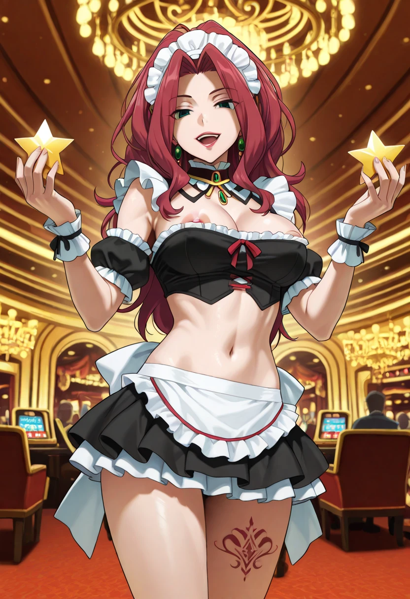 a beautiful girl in a maid-style black and white bikini standing at a casino roulette table, long wavy red twin-tailed hair, cute maid-style hair accessory, large bust, seductive expression looking up, night casino background with neon lights and beautiful ceiling lighting, masterpiece, best quality, 16k, ultra detailed, cinema lighting, studio lighting, professional photography, super fine painting, super fine view, neon sign、beautiful girl