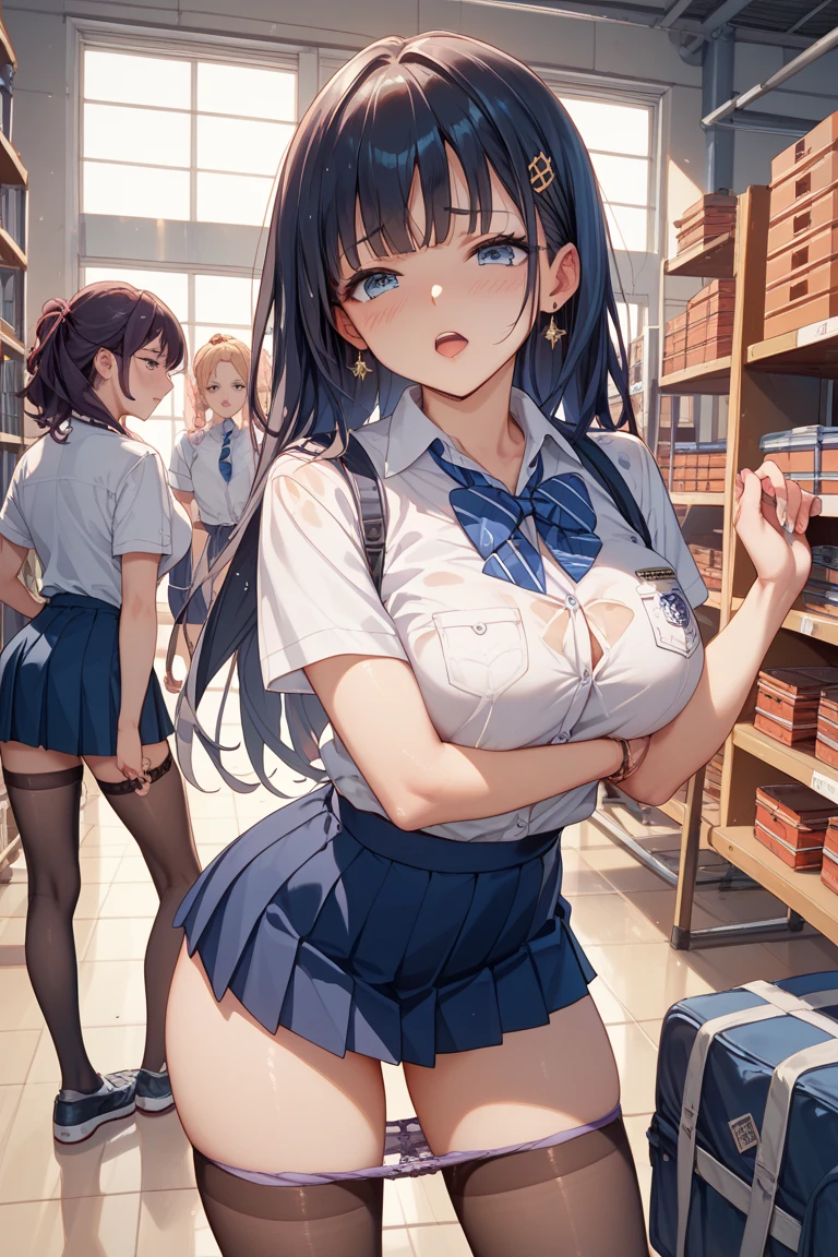 masterpiece, Highest quality, Five girls in a changing room,(Five people getting changed:1.4),((Half-off school uniform:1.6)),((While everyone is getting changed:1.6)),Are standing,Ten generations, View your viewers,Group shot, Harem,ips,underwear,(panties),(changing clothes:1.6)),(Realistic,,(Dark blue blazer and white shirt) ,(Dark blue pleated skirt),Blue Ribbon ,(Recall, Grab your ass:0.9),(Beautiful Eyes:1.3),sFrom below,From below,Kinney,(スKinney:1.2) ,Thin thighs, Thin legs、((youth)),Lively,((Bright interior)),(Looking at each other:1.5),((Exchange glances with the person next to you)),(Chatting:1.4),((Unaware of the viewer:1.6),I closed the curtains.,(Take off your shirt,Take it off yourself:1.5) ,美少女達の明るいChatting.Skirt lift front,(panties:1.3),