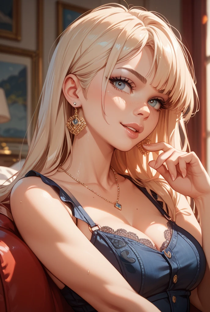 best quality, masterpiece, high resolution, A girl, blond, blue eyes, Fashion Clothing, necklace, jewelry, Pretty Face, Perfect breasts, more than_Body, Tyndall effect, lifelike, Dark Studio, Side light, Two-color lighting, (HD Skin:1.2), 8K Ultra HD, SLR camera, Soft Light, high quality, Volumetric Lighting, frank, photography, high resolution, 4K, 8k, Bokeh,