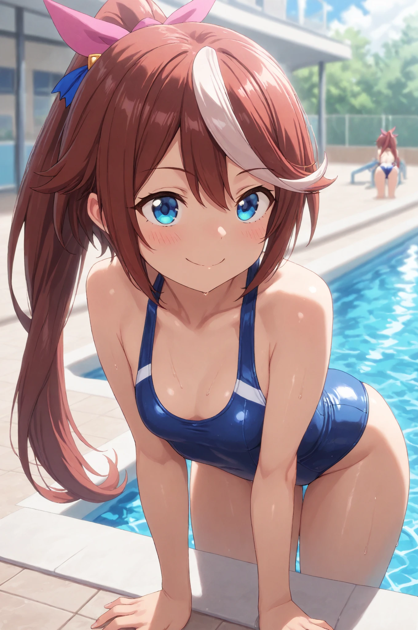 Masterpiece, Best Quality, extremely detailed, cheered up, girl,night pool,high waist bikini,SMILE,:d,action,(small breasts),ass focus