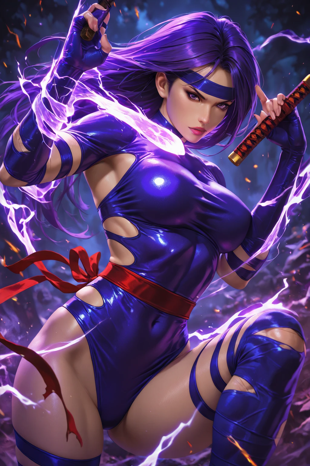 (masterpiece, 8k, 4k, extremely detailed, dynamic shading, best quality, absurdres:1.4) 1girl, nice hands, perfect hands, milf, mature, sexy, (large breasts:1.1) <lora:more_details:0.7> <lora:Psylocke_DG-v01:1> Psylocke_DG, sexy, seductive, milf, mature, thick eyebrows, thick eyeliner, eyelashes, purple eyes, purple hair, long hair, bridal gauntlets, purple thigh boots, purple leotard, sash, belt, dynamic pose, fighting stance, east asian architecture, night,petals, Magic, aura, energy sword, (glowing purple energy:1.2)