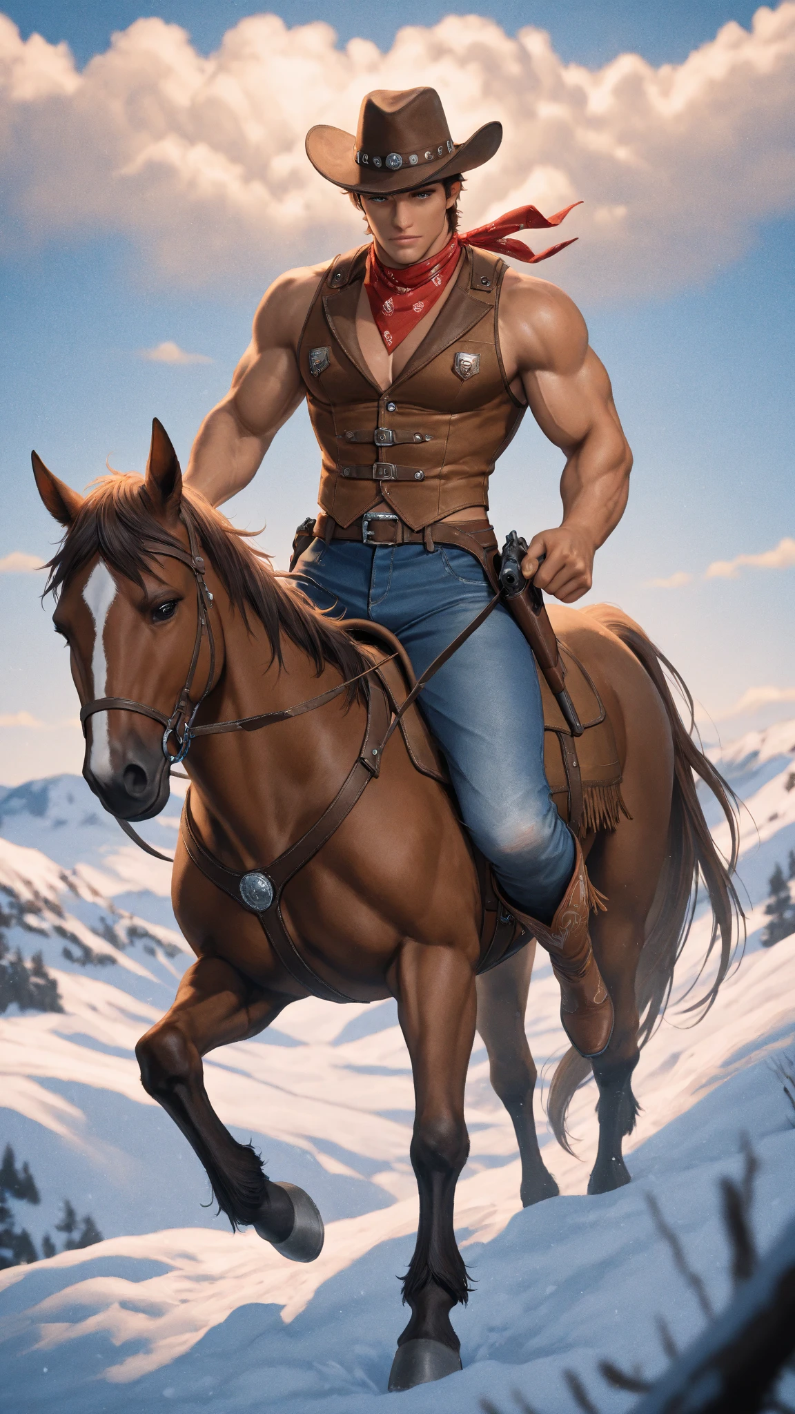 full Body photorealistic handsome Hunky Centaur, half human half horse.mountain view as background