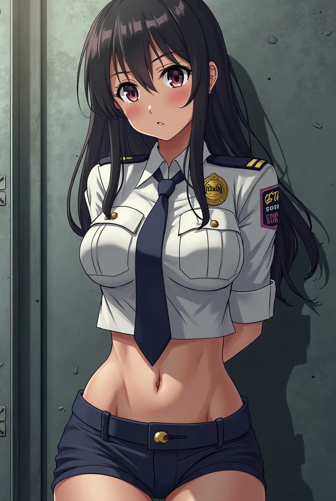 1 girl, One, Laura S.. Arseid (long dark blue hair, ponytail and side bangs, Small breasts), (inspired by cold steel traces) In a school dress, showing off panties, at the military school, embarrassed