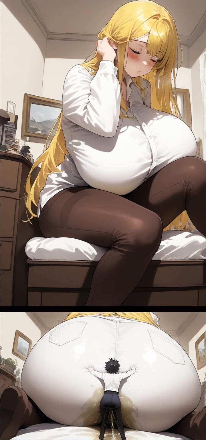 a tall female of curvaceous and well-endowed frame. She has olive skin, aqua green eyes, thick eyelashes, and short golden blonde hair; which she usually keeps messy with three braided locks. She wears a jacket with a high collar, which covers the lower part of her face downward, while baring a good portion of the lower half of her large breasts. The jacket has a zipper running along its entire length, which is opened from the bottom upwards. It has a beige air filter on either side just below the trim. The jacket's sleeves completely envelop her arms, terminating in black glove-like extensions at her extremities, resembling the appearance of a cat's paw. Enormous boobs.