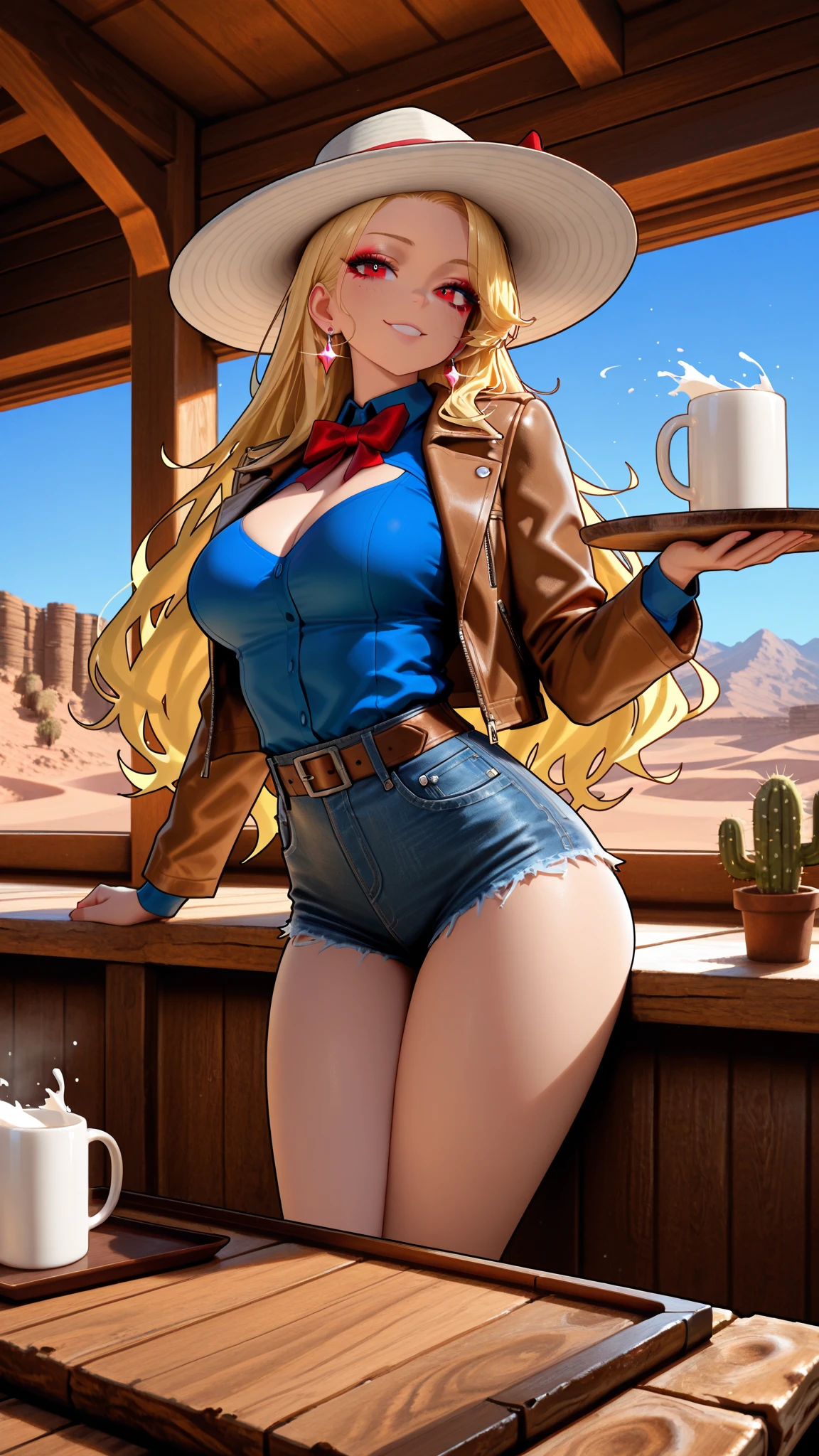 one girl, solo, 18-year-old blonde beauty, pale blue eyes, carefree demeanor, delicate frame, long blonde hair cascades down her back, her hair is framing her heart-shaped face, eyes hold a sparkle of excitement, wonderful smile, (perfect anatomy), perfect hands, perfect face, perfect eyes, cowboy hat, denim fringe detailing jeans, cowboy boots, cowboy hat, Concho belts, tucked in black tank top, cleavage, red scarf, cropped denim jacket, ((Seductive pose)) (cinematic lighting, perfect lighting), (cinematic angle), (vivid colors), very detailed. very high resolution, sunset, realism, farm, 1980s western setting
