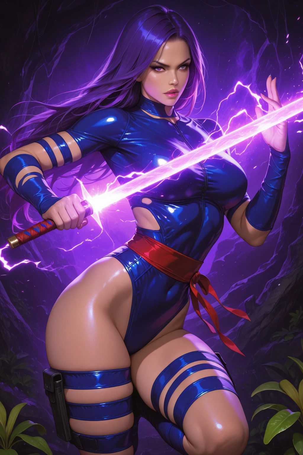 (masterpiece, 8k, 4k, extremely detailed, dynamic shading, best quality, absurdres:1.4) 1girl, nice hands, perfect hands, milf, mature, sexy, (large breasts:1.1) <lora:more_details:0.7> <lora:Psylocke_DG-v01:1> Psylocke_DG, sexy, seductive, milf, mature, thick eyebrows, thick eyeliner, eyelashes, purple eyes, purple hair, long hair, bridal gauntlets, purple thigh boots, purple leotard, sash, belt, dynamic pose, fighting stance, east asian architecture, night,petals, Magic, aura, energy sword, (glowing purple energy:1.2)