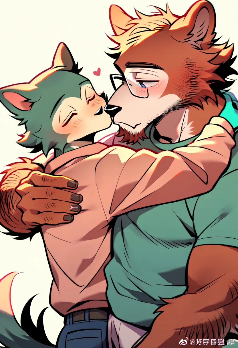 A blushing wolf with glasses and no shirt with his hand on the back of his head and only wearing orange leather men's shorts