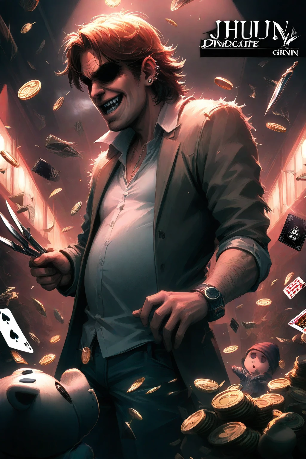Create an image of a man in a purple suit, representing a debater, celebrating a huge win at poker. The background should be a casino with bundles of cash flying through the air. The scene should be chaotic and crazy, capturing the intense excitement and wild energy of the moment.