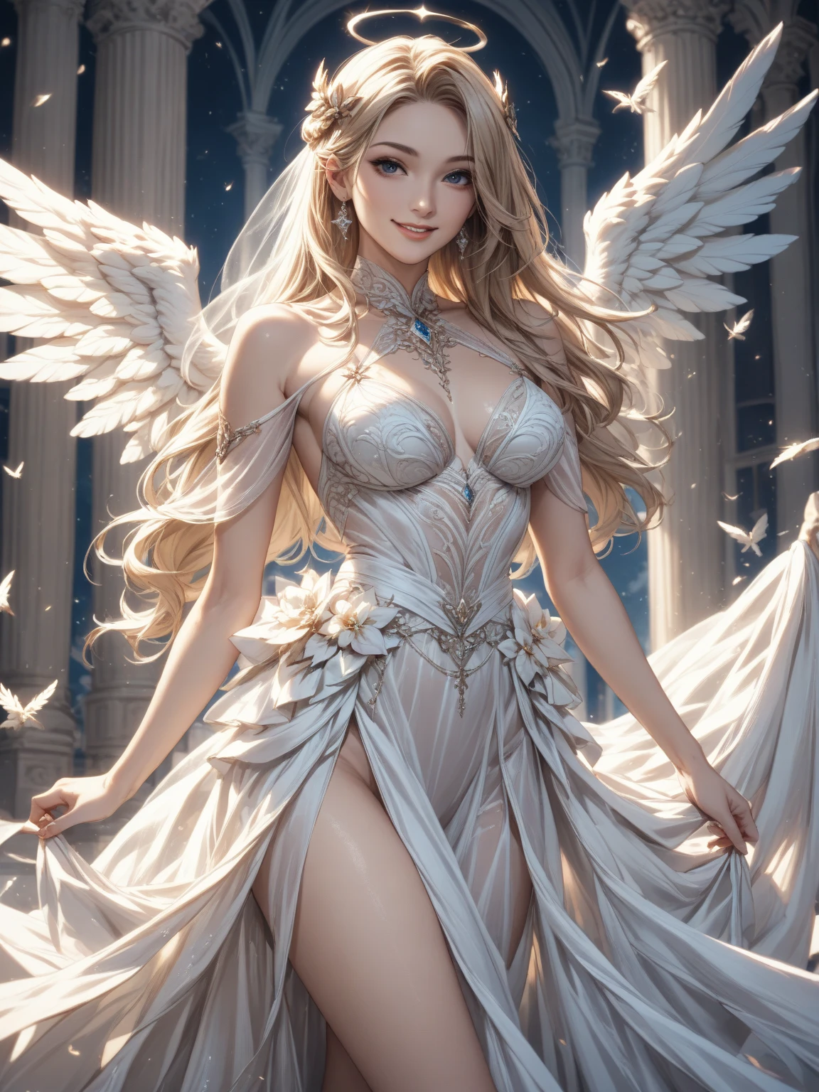 A young female vampire, beautiful, in a silver gown, cerberus in angel outfit, silver, realistic style - Variations (Strong) --auto --s2