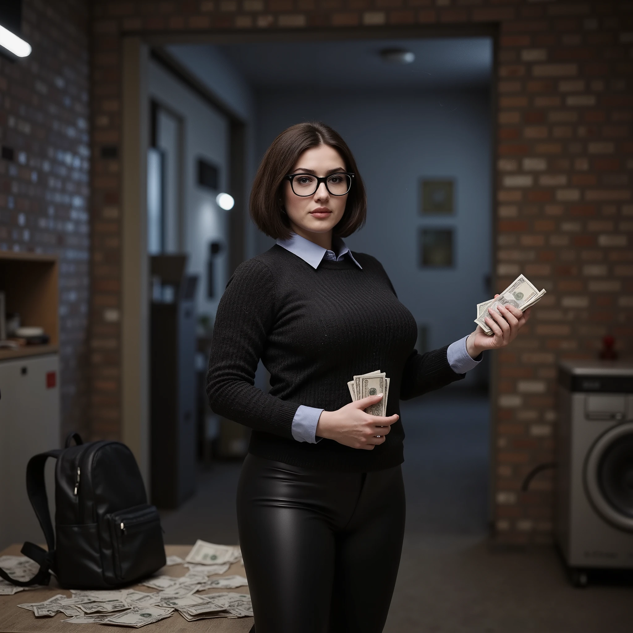 Ultra-realistic image of a striking young woman in a dark, noir-inspired industrial setting. She stands confidently inside a rustic warehouse with exposed brick walls, aged concrete floors, and scattered vintage electronics. The atmosphere is moody and cinematic, with a soft glow of blacklight casting subtle blue-purple reflections across the scene, enhancing the mystery and depth. She wears a sheer, form-fitting black outfit that accentuates her curves, paired with a crisp, light blue collared shirt under a dark knit sweater. Her sophisticated look is completed by sleek black-framed glasses and a short, straight haircut. In her hands, she holds several thick stacks of cash, while a worn metal table in front of her is cluttered with more bills and a black backpack. Her expression is bold, slightly playful, and surprised—her mouth slightly open as she glances back over her shoulder. Strong shadow contrasts and soft blue-violet highlights give the image a feel of a high-fashion crime thriller, blending suspense, elegance, and cinematic realism.