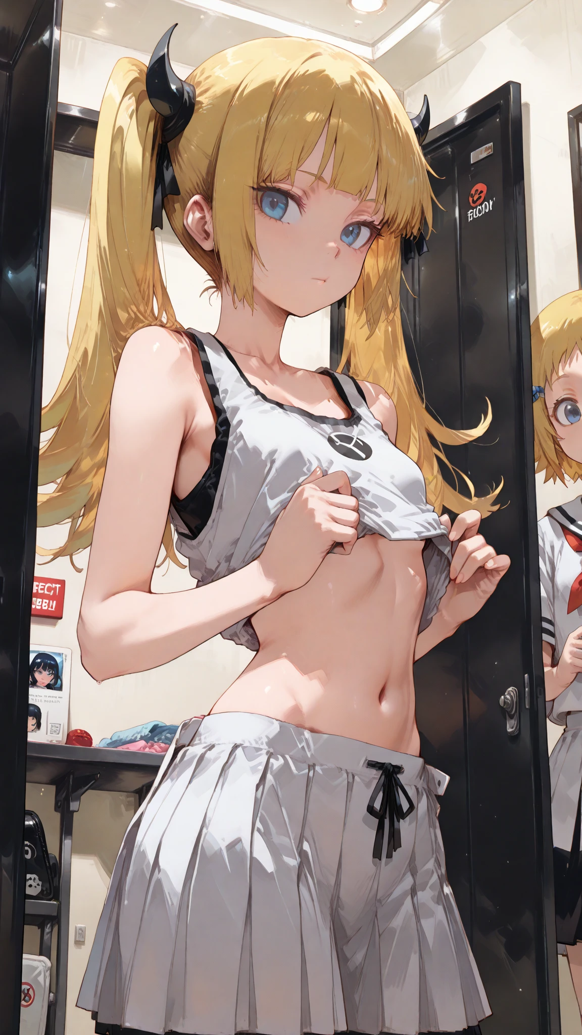 ((masterpiece, best quality, ultra quality, high quality, hyper detailed, intricate detailed, perfect anatomy, shiny skin)), ((upper body:1.5)), (three women are posing for a camera:1.4), (In the school changing room:1.5), (Lift up your camisole), (topless:1.2), (smile, shy, red cheek, blush), (Open your mouth:1.8), (full nude:1.3), (See-through:1.2), Stand in line , brown hair, blond hair, navel, jewelry, looking at viewer, necklace, long hair, short hair, Abdominal muscles, panties, straight hair, bob cut, blunt bangs, silky hair, hair clip, hair band, hair ribbon, one-length haircut, ducktail, outward curled hair, French twist hair, twintails, side ponytail, single braid, wavy hair,