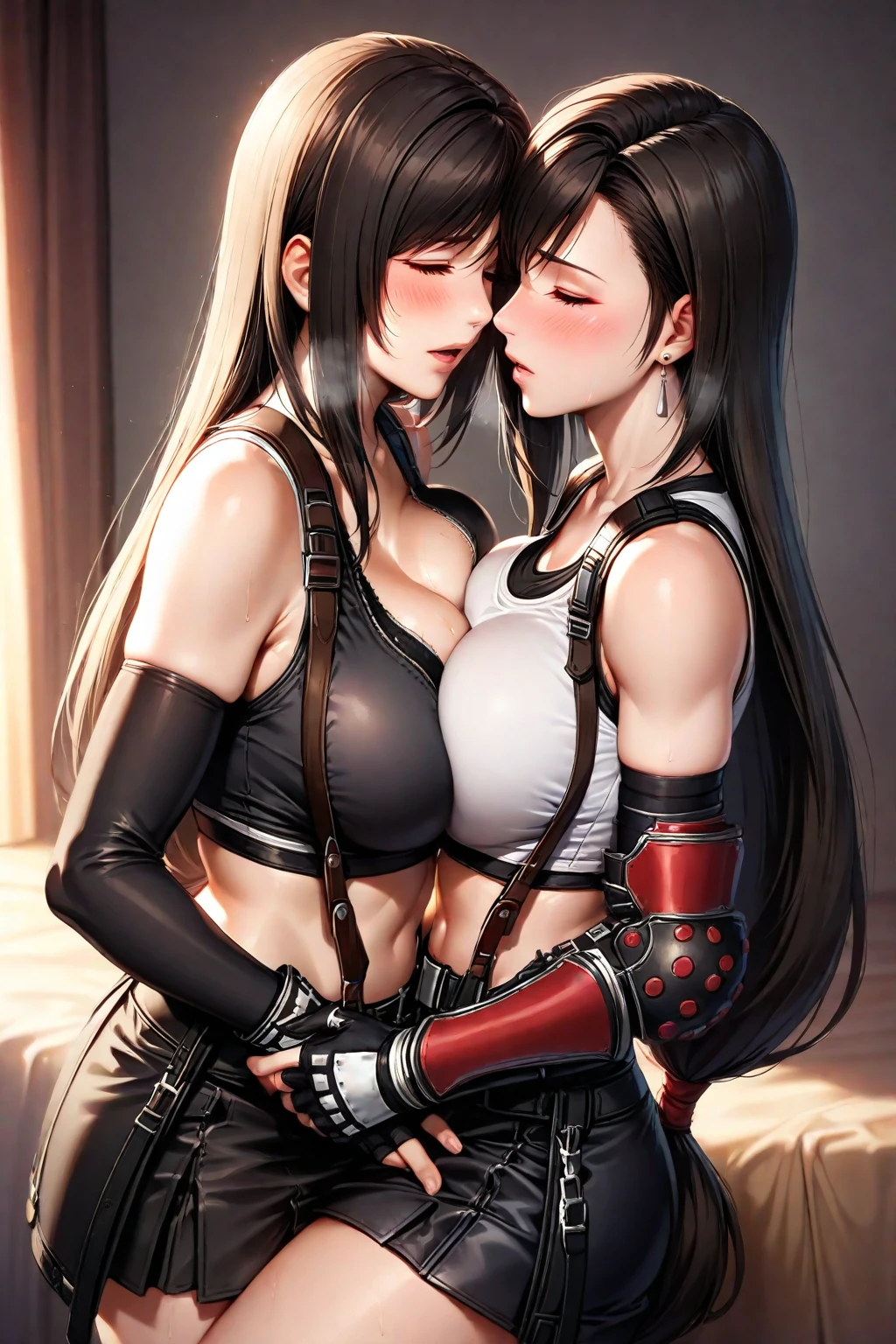 ((Biologically correct number of limbs))、4K、masterpiece、((focus on the face))、((symmetrical facial features))、Eyes with detailed description、Beautiful woman、Outstanding style、beautiful hands、nice legs、beautiful hands、(small ass、thin hips)、Detailed image of faces、(shirt、skirt、((Tifa Lockhart))、high heels、stockings)、face close up、Background - morning park.、sex, public sex, threeesome, oral sex, deepthroat, forced sex, slave